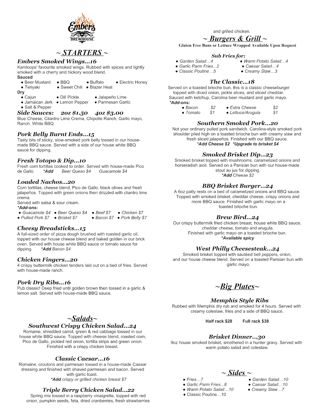 Embers Brewhouse Menu